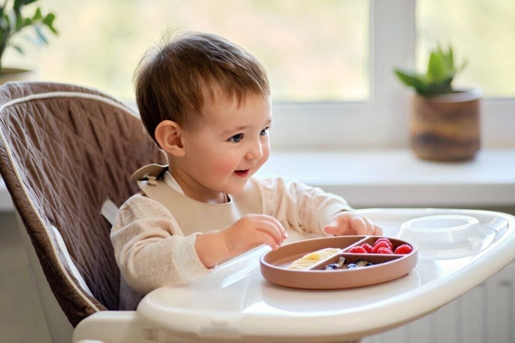 baby using plate divider and silicone bib