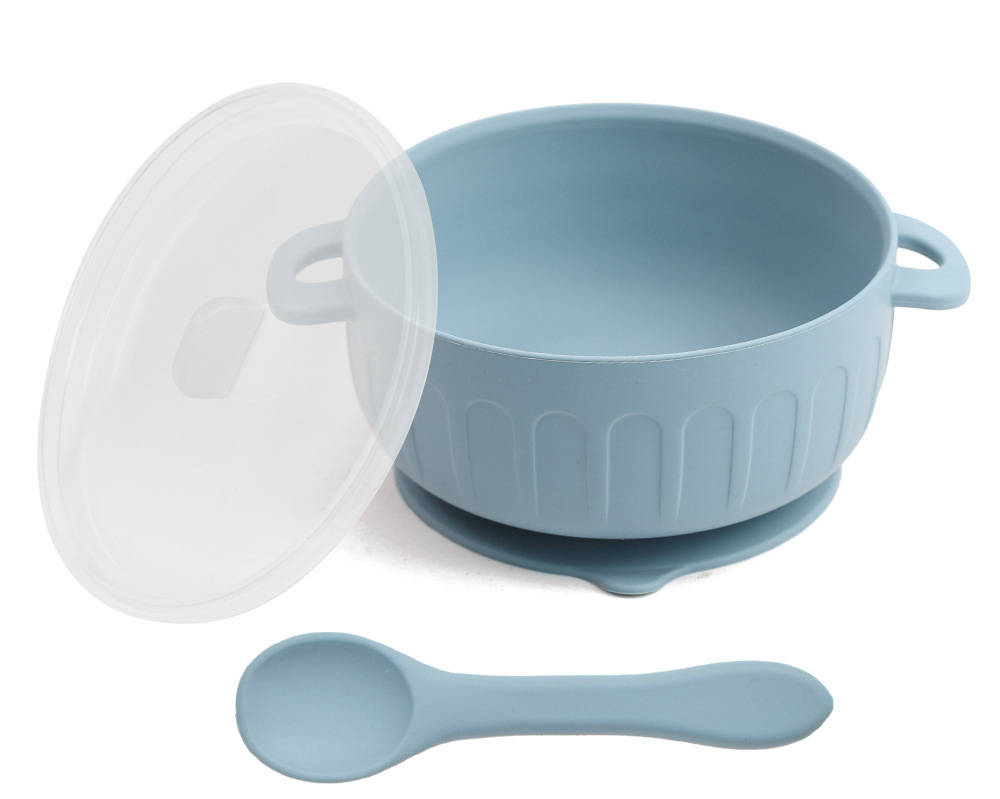 3 Piece Suction Bowl Set with Lid and Spoon (Blue)