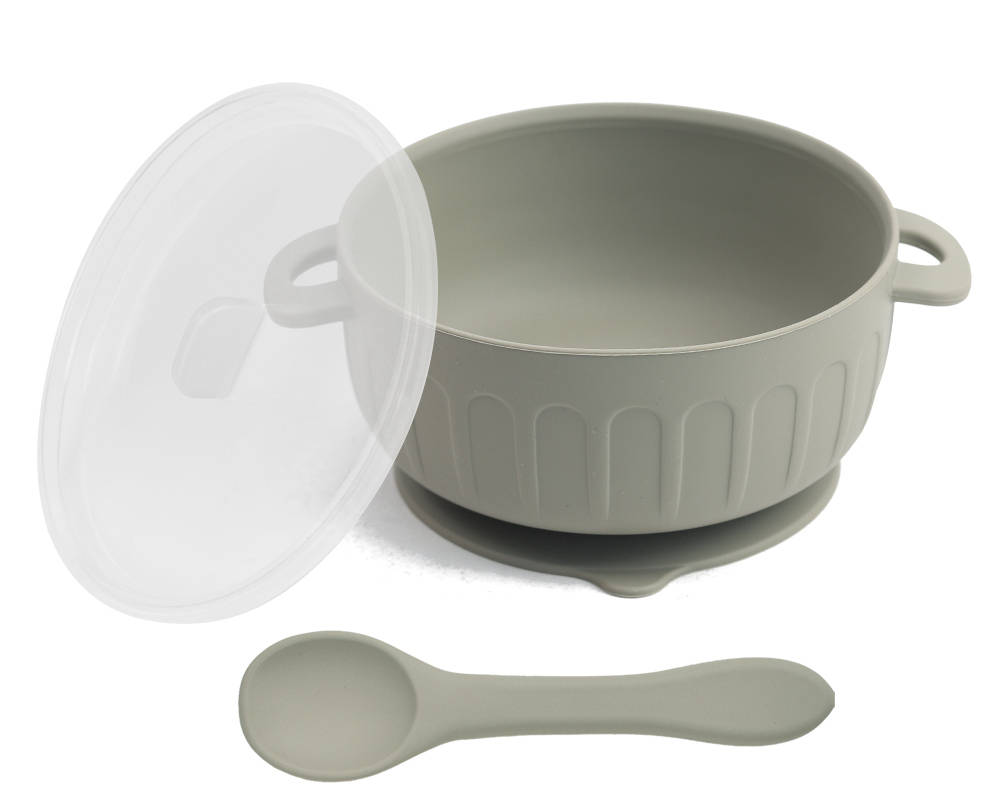 silicone bowl, lid, utensils