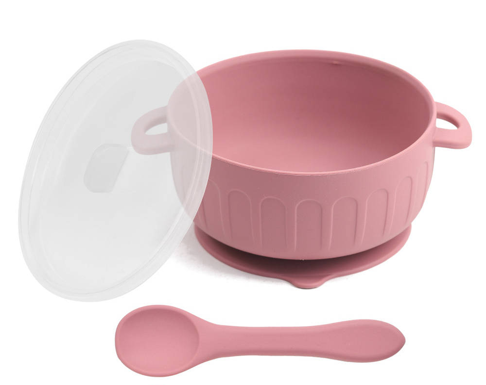 3 Piece Suction Bowl Set with Lid and Spoon (Rose Pink)